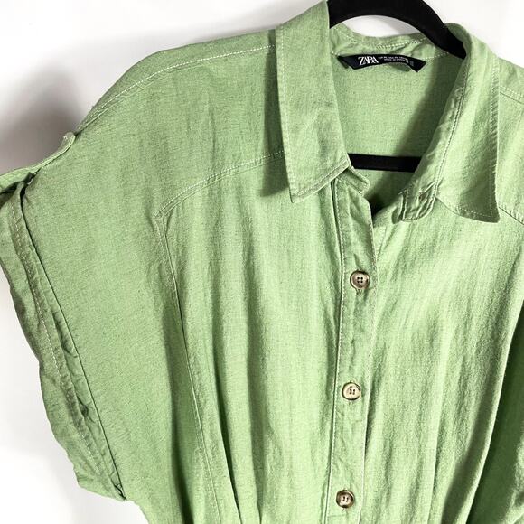 Zara Topstitched Romper Green Belt Tie Button Front Roll Tab Sleeve Collar Sz XL - Picture 7 of 12
